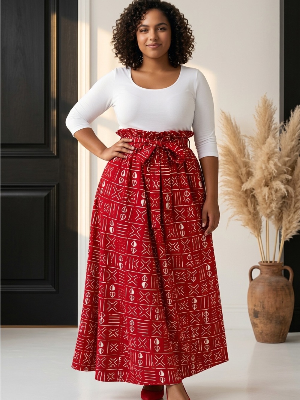 Red Printed High-Waist Maxi Skirt with Tie Belt and Head Wrap